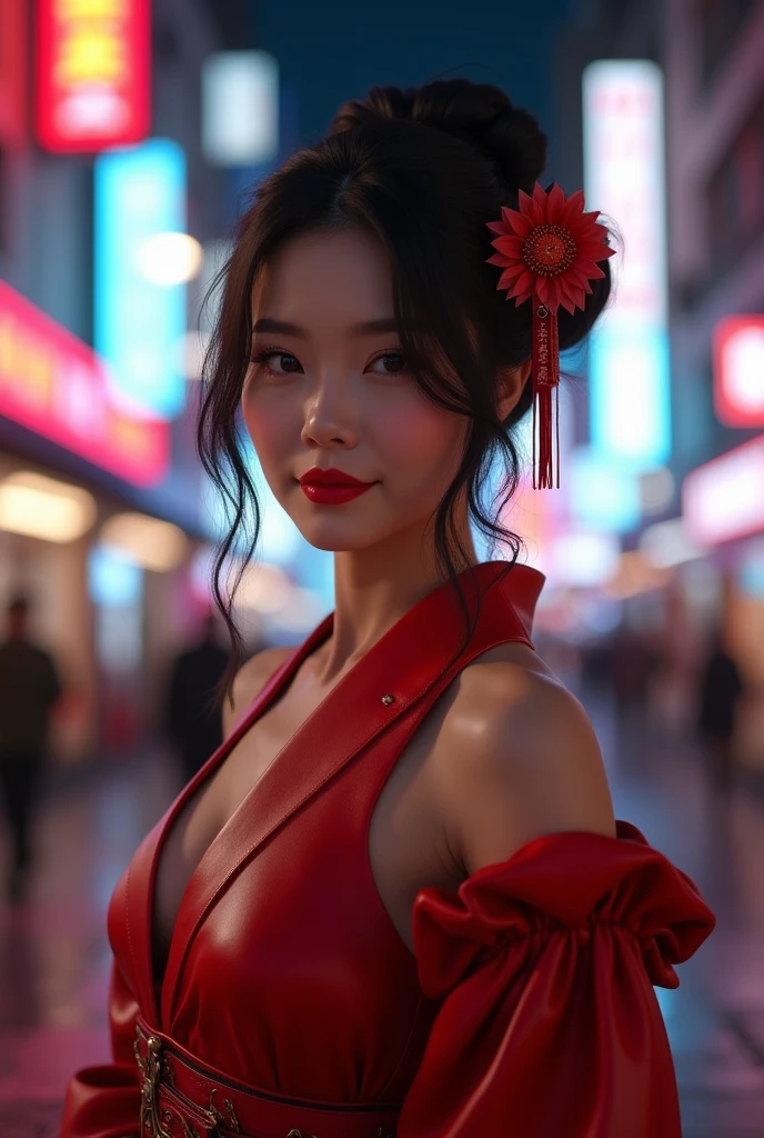 from low, A beautiful Asian woman, 2, bun and wavy hair, She is a men's magazine model, She has a subtle smile and flirts with the camera, (she is on the street of a futuristic cyberpunk city at night), (she wears a red leather cyberpunk Victorian geisha costume covering her chest:1.2), perfects eyes, perfect hands, perfectbody, perfect hair, perfect chest, Hair behind the ear, ultra HD, retina, work of art, precise, anatomically correcte, texturized skin, super detaill, High details, high qualiy, awardwinning, best qualityer, high resolution, 16K, 8k, cinematic lighting