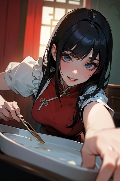(Highest Resolution, clear_image) Highest quality, single, One woman, alone, masterpiece, Very detailed, Semi-realistic, Black Hairのショートヘア, Black Hair, bangs, 1, mature, Light blue , Indoor Background, kind, Authoritative, Powerful, exquisite features, exquisite features、Eyelashes become longer、Showing teeth、smile😀、Red Chinese Dress Maid、woman'Fingers in the、Long Hair、Fluttering in the wind、
