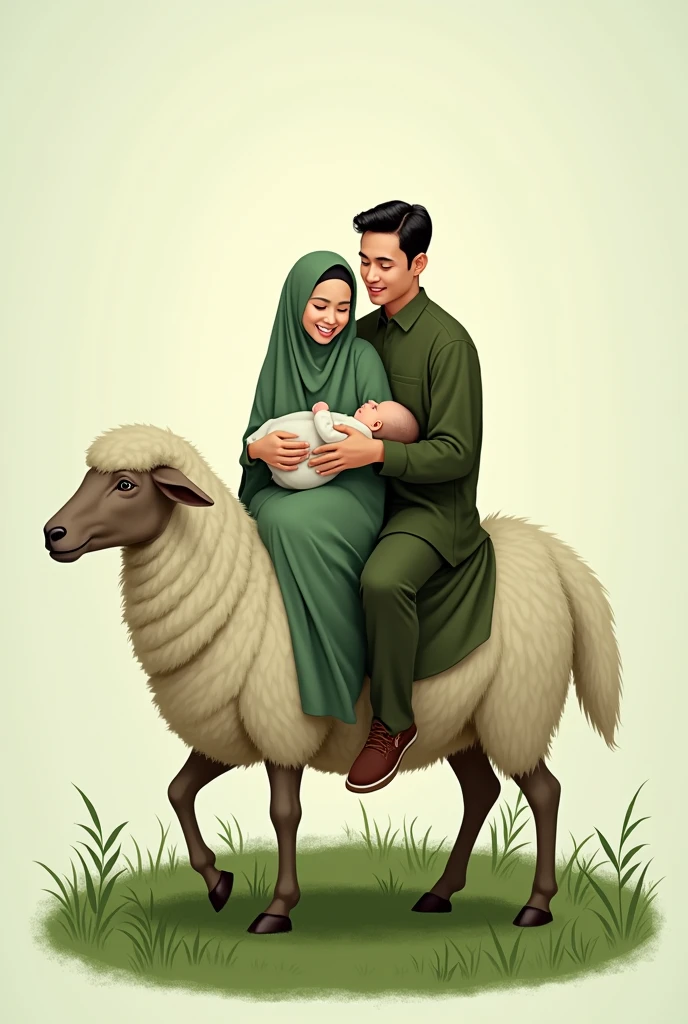 Parents and baby riding a sheep. With an aqiqah nuance. Shades of green. transparent background. The sheep is standing on a circle of grass and there is soil underneath it.. Photo of parents and baby Indonesian race