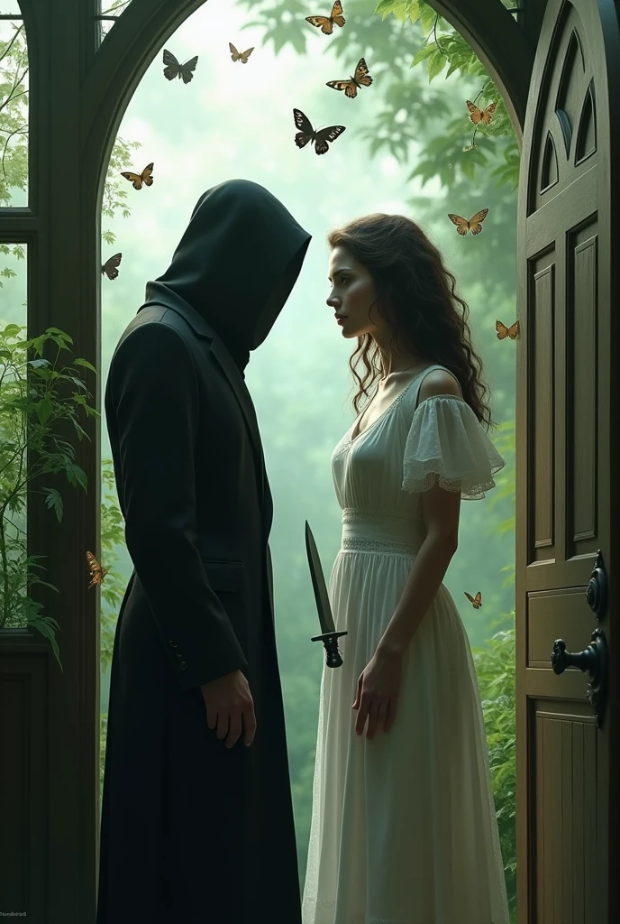 Create an image with two boys inside a butterfly house. The boy has a black suit, He has his face covered and is holding the door. The girl is wearing a white nightgown and butterflies are flying around her both. more realistic. The boy and the girl are adults and they are facing each other but they are separated and the boy is wearing a black suit covered from head to toe. More separated. The girl has a dagger in her hand. The boy is white and has his face covered. FURTHER SEPARATED is the girl with her hair loose. 