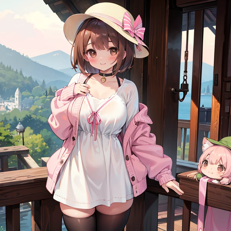 A beautiful, slightly large chest, Brown Hair, Brown eyes, Wave Shorthair, bangs, blush, bright, smile, Baby Face, first round, choker, Lock, , Enchanted, Droopy eyes, Cute hat, Black tights, Thick thighs, Beautiful views, Pink Cardigan,
