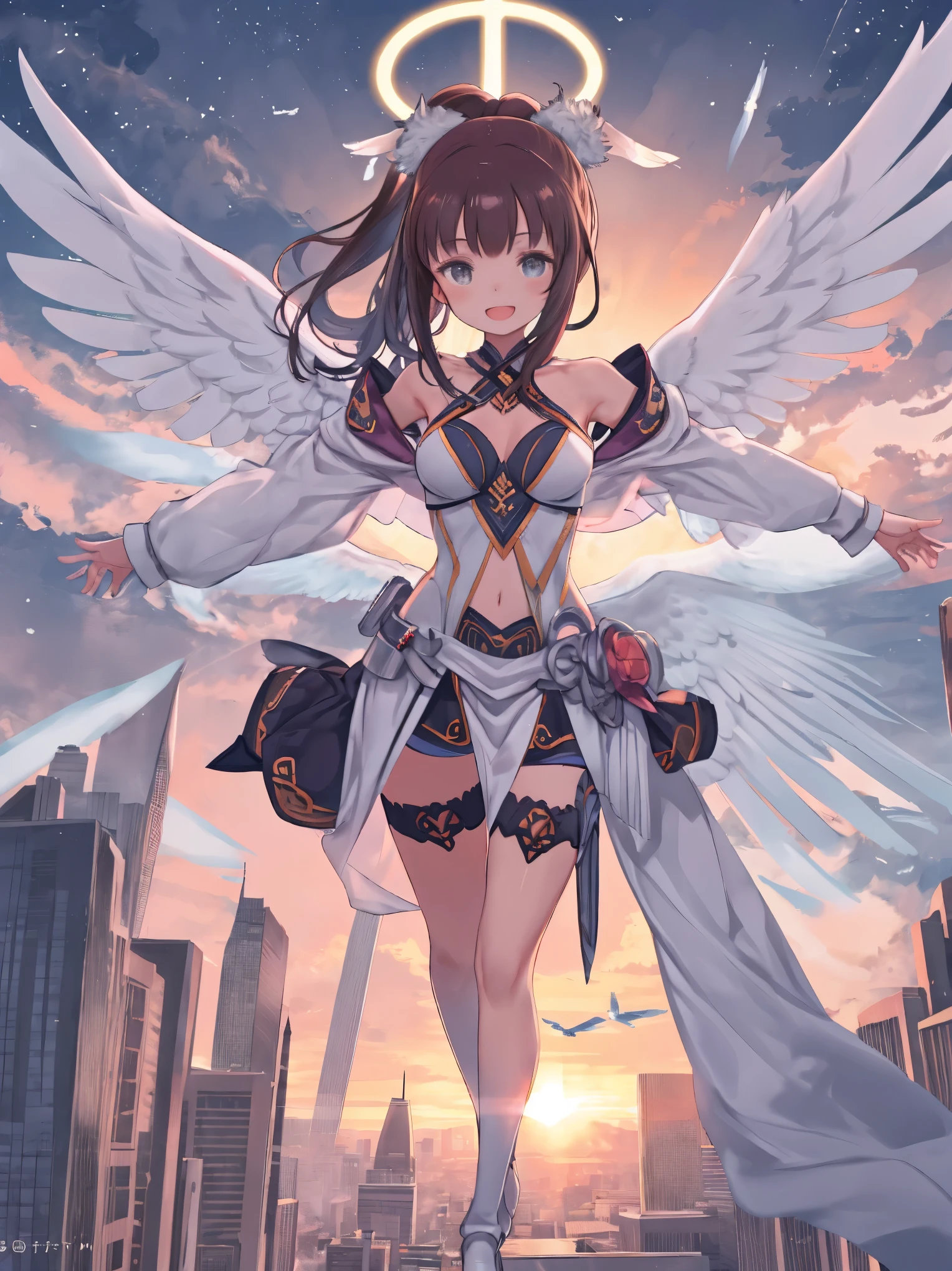 fantasy, 1angel_girl, low_, dark_brown_hair,ponytail,long_bangs, (dark_skin)+, bare_shoulder, navel out, thighhighs,silver_shiny_armor, white_wear,waist_armor, Glebe, medium_breasts, dynamic_flying_pose,Floating, (1pair_white_wings:1.2),(pelvic_curtain:1.3), silver_Headgear ,looking_down_at_sunset_city_sky_background,,slightly_spread_legs, ,solo,glare_halo,laugh ,smile,open_mouth,open_legs,open_arms,rise_knee,rise_leg,rise_thigh,rise_leg,forward_leaning_posture,apart_legs,trying_to_hug_viewer