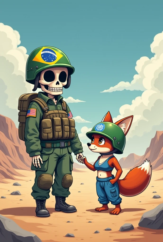 Brazilian skeleton soldier with UN helmet, with the company of a furry fox in a bra and sweatpants with a UN helmet on a peace mission in the Chilean desert in a cute sensual anime drawing.