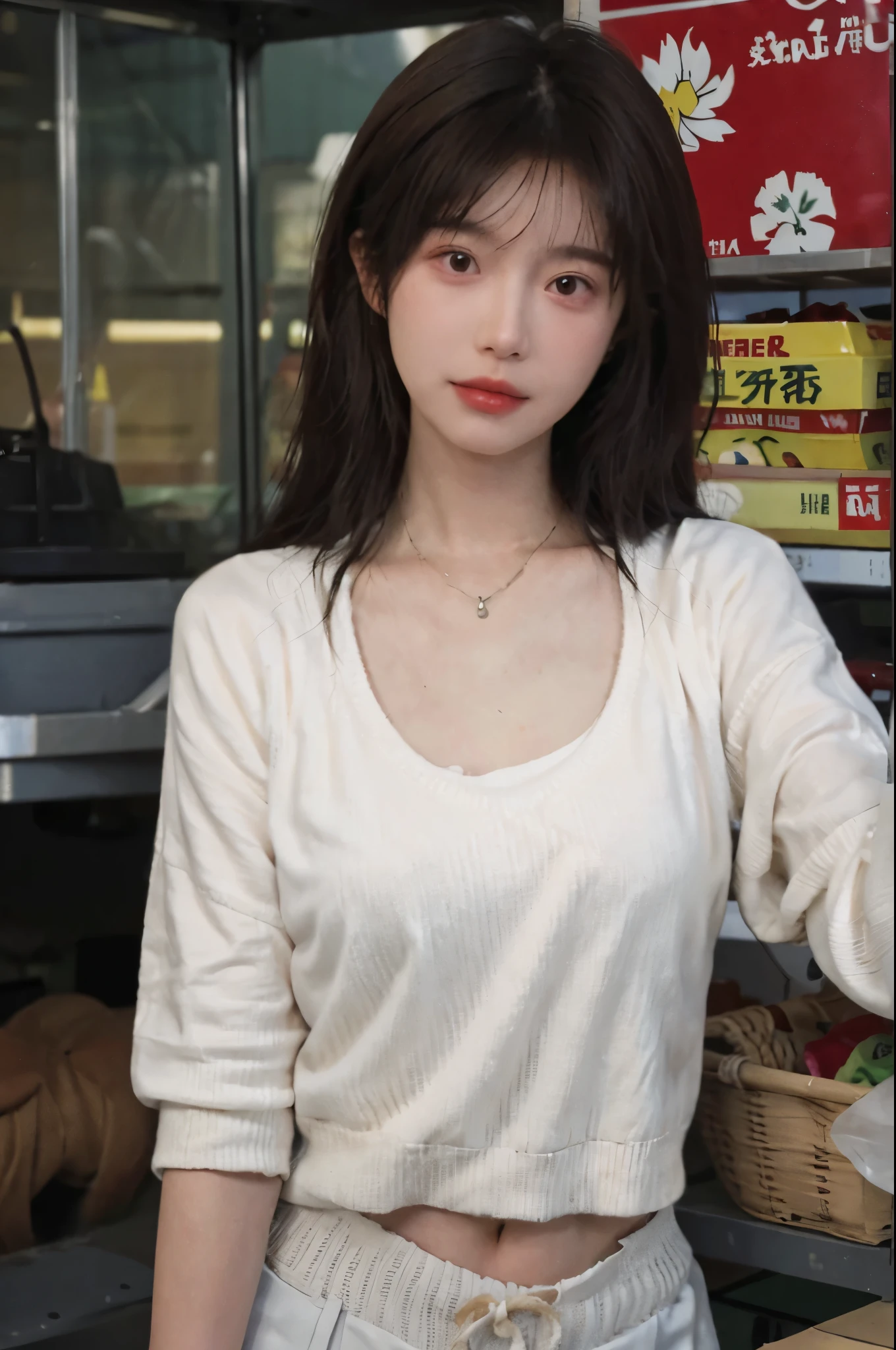 Best quality，Ultra-high resolution，(Realism:1.4)，Cute hairpins，Baoyu Girl，1 Girl，Red short sweater，Beautiful woman with a slim figure:1.4，Abdominal muscles:1.1，(Brown hair，Mid-chest:1.3)，supermarket，Super delicate face，Exquisite eyes，Double eyelids，make faces，necklace