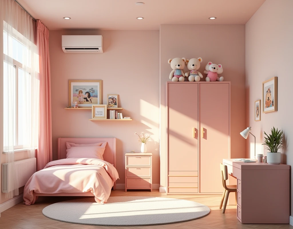 A modern apartment. Daughter bedroom design. Wide room. There is a bed with some dolls. There is a small cupboard. There is a kid bookshelf. There is a desk. There is a play mat for kids. There are girl's toys. There is an air conditioner. There is a couch. Interior design. Modern cute pastel interior. Great lighting.