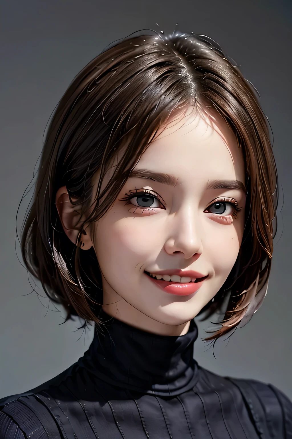 ((masterpiece)), ((Highest quality)), ((Complex)), ((Surreal)), (Realistic), (Mature Woman), ((No classes)), Very detailed, (1 female), Beautiful and exquisite, (Beautiful Teeth), Grin, Brunette bob hair, Brown eyes, ((Blue turtleneck)), (Upper Body), (background:none), Perfect Eyes, Captivating eyes, Looking at the audience