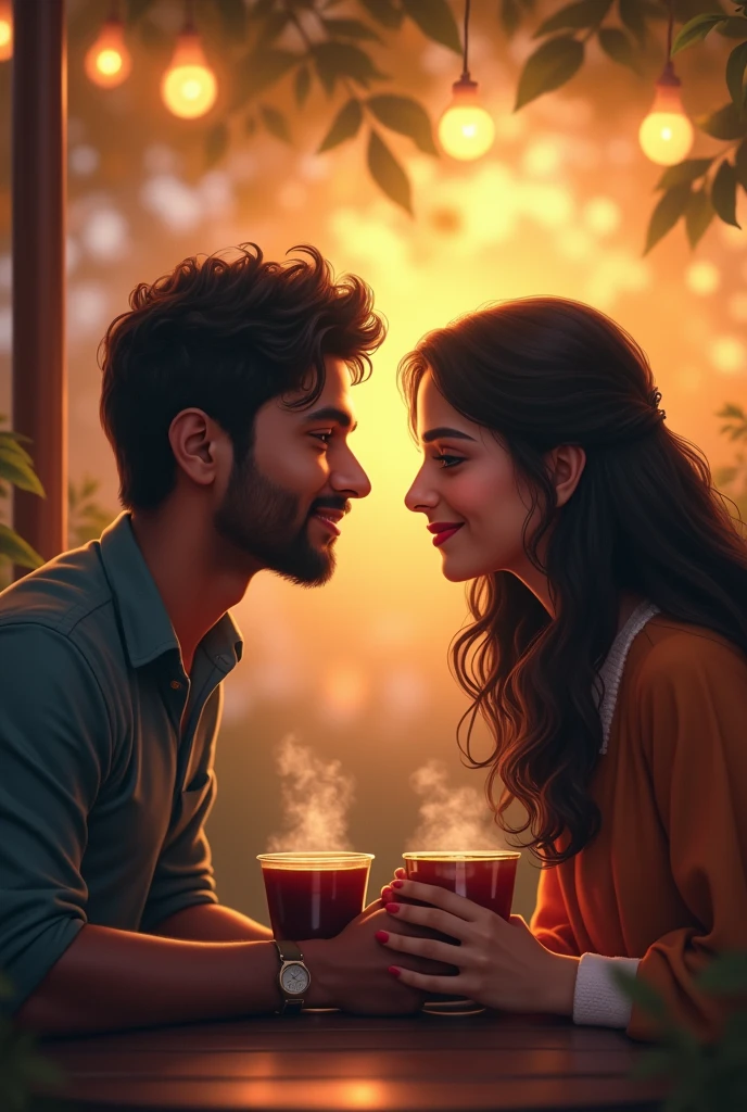 Ajay and Riya sitting at the tea stall, enjoying a peaceful moment. They are looking into each other’s eyes, holding hands over the table. The background is softly blurred, emphasizing their connection.