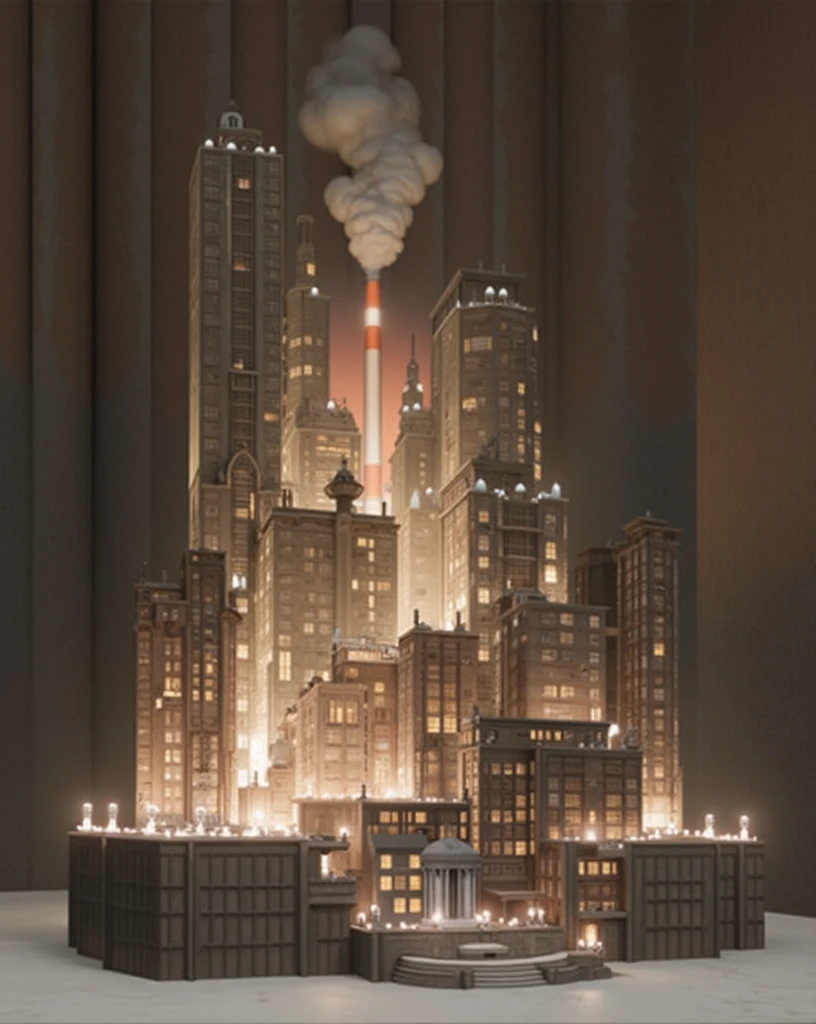 industrial city, surround by wall, steampunk, rusty and heavy, smoke, chimney, factories, gears, machinery, tall buildings, towers, steam power, steam pipes, streetlights, (cinematic lighting:0.8, super detail, bloom)