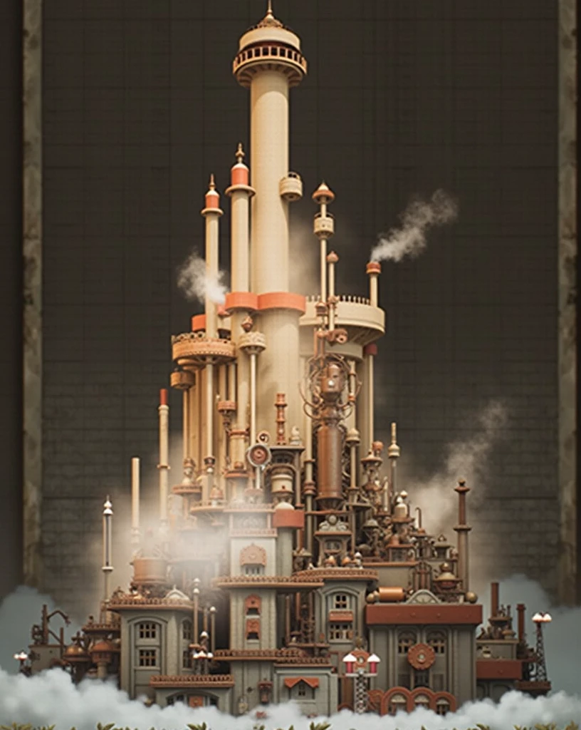 industrial city, surround by wall, steampunk, rusty and heavy, smoke, chimney, factories, gears, machinery, tall buildings, towers, steam power, steam pipes, streetlights, (cinematic lighting:0.8, super detail, bloom)