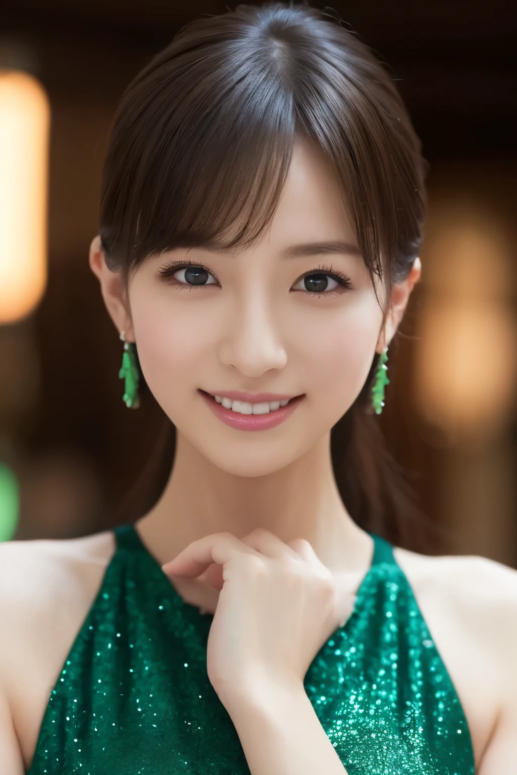 1 girl, (wearing a green glitter dress:1.2), (RAW photo, highest quality), (realistic, Photoreal:1.4), table top, very delicate and beautiful, very detailed, 2k wallpaper, wonderful, finely, Very detailed CG Unity 8k 壁紙, super detailed, High resolution, soft light, beautiful detailed girl, very detailed目と顔, beautifully detailed nose, detailed and beautiful eyes, cinematic lighting, night city lights, Fantastic illumination, perfect anatomy, slender body, small, smile