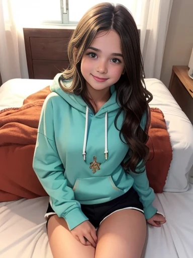 A very pretty white girl with long wavy brown hair, is very young, early twenties, kinda short, brown eyes, wearing a loose turquoise hoodie and black shorts, sitting in a very comfy and decorated bed, looks very happy, red rosy cheeks, sitting cross-legged, small nose, large breasts, big butt, looks comfortable