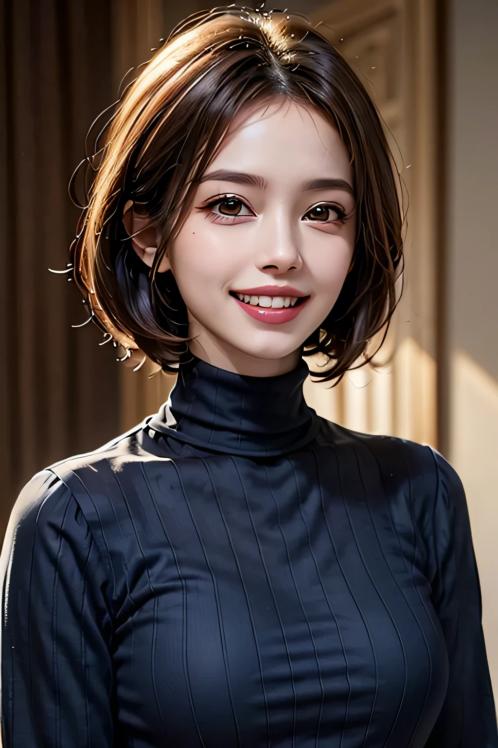 ((masterpiece)), ((Highest quality)), ((Complex)), ((Surreal)), (Realistic), (Mature Woman), ((No classes)), Very detailed, (1 female), Beautiful and exquisite, (Beautiful Teeth), Grin, Brunette bob hair, Brown eyes, ((Blue turtleneck)), (Upper Body), (background:none), Perfect Eyes, Captivating eyes, Looking at the audience