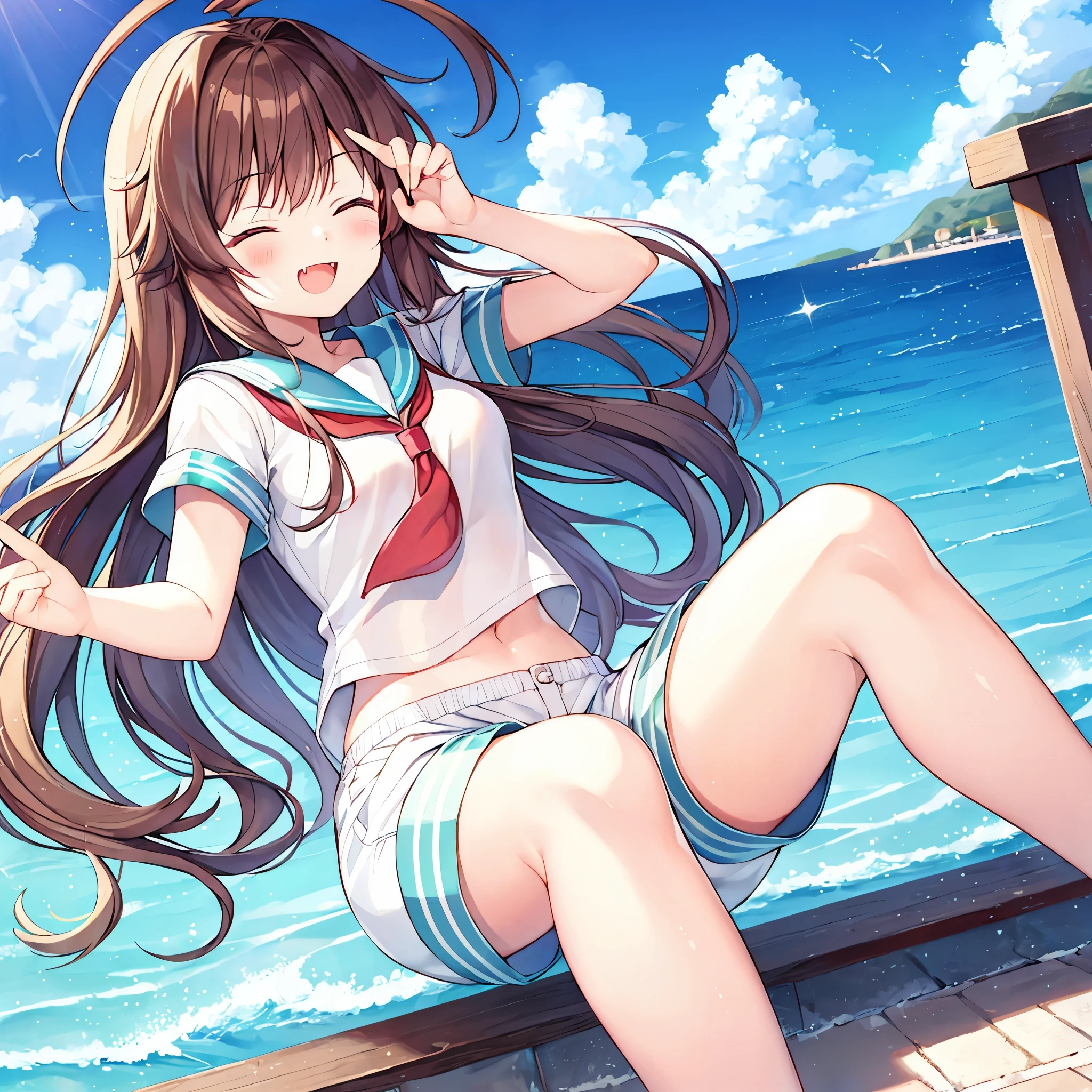 ung_teeirl, brown_hair, long_hair, sailor_uniform,white_ baggy_shorts, short_sleeve, thighs, small_breasts, big_smile, open_mouth, fang, harbor_landscape_background, slightly_spread_legs, happiness, covered_crotch,ahoge,XD,exciting_posing,closed_eyes,solo,
