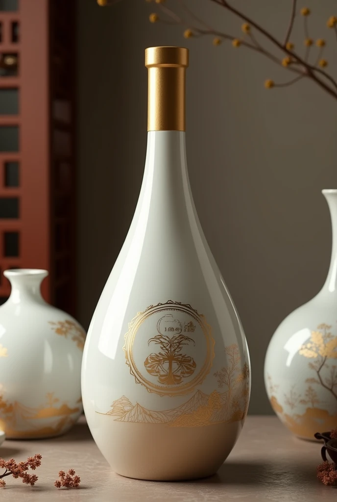 A wine bottle,Chinese Wine Pot,Traditional wine jugs have rounded edges.,Geometric Flow Art,Round bottle,Trendy bottle design,The surface is a streamlined ceramic design,Gradient milky white ceramic material,There is a golden Chinese medicine pattern,Trendy bottle design,High-end,Gao Yade,Streamlined texture,Metal bottle caps,golden bottle cap,high quality,surreal style