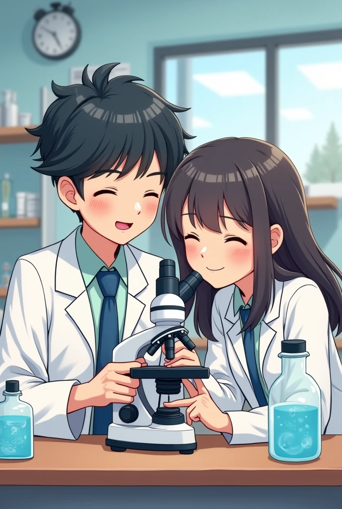 Give me a picture of a boy helping a girl using their microscope and wearing their lab coat cute picture  highschool students  make it look like teens make the hair of a boy like korean hair 2 by 2
