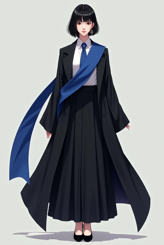 a tall Korean woman with pale skin, wearing a long black open toga, a white dress shirt and a blue tie and black high heels. She wears a blue sash around her neck and wears a blazer over the toga but without putting on the sleeves., giving an air of authority and dominance. She always has a serious expression and her hair is short, straight, black, and reaches halfway down her neck., She doesn't wear makeup and wears earrings shaped like the Libra scales.
