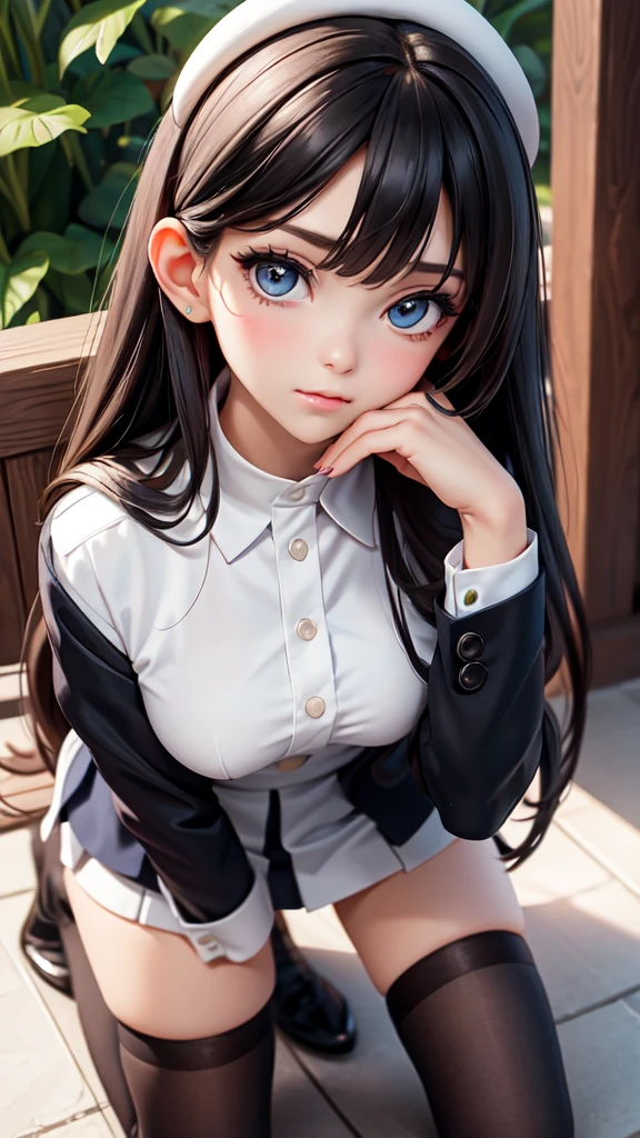 Best Quality, Upper Body Portrait, Delicate Face, Beautiful Face, Big Eyes: 1.1, Makeup: 1.2, 2 Woman, Slim Body, Small Bust, OL Uniform, Female White Collar Uniform, Office Uniform, Black Stockings, Outdoor Scene, Standing, Long Hair, kneeling 