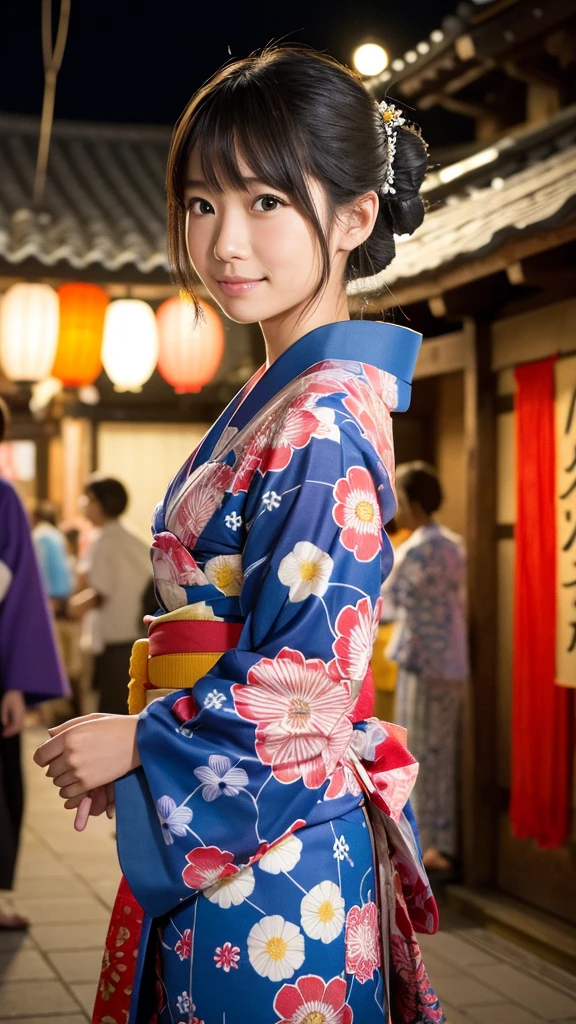 Create a highly realistic image of a woman wearing a traditional yukata. Her face is meticulously detailed with perfectly symmetrical features, soft yet mature facial contours, and large, expressive eyes. She has bangs that frame her face delicately, adding to her elegant and sophisticated appearance. The background is a vibrant night festival at a shrine, with glowing lanterns, lively stalls, and the festive atmosphere of the evening. The woman’s yukata is slightly disheveled, as if from moving around energetically at the festival, adding a touch of realism and spontaneity to the scene. The overall image should highlight the contrast between the woman’s refined beauty, the slight disarray of her yukata, and the lively, colorful background of the night festival.
