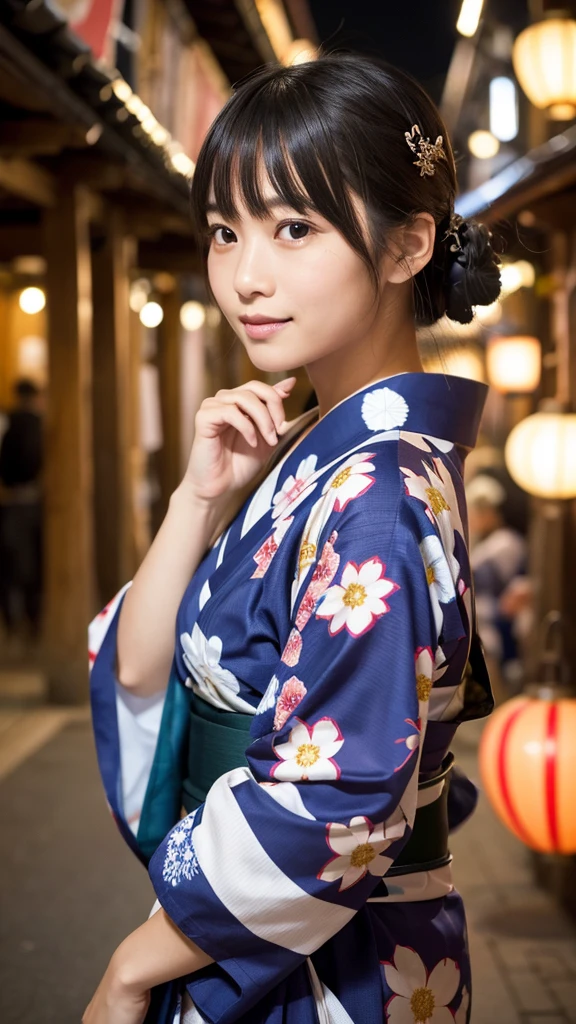 Create a highly realistic image of a woman wearing a traditional yukata. Her face is meticulously detailed with perfectly symmetrical features, soft yet mature facial contours, and large, expressive eyes. She has bangs that frame her face delicately, adding to her elegant and sophisticated appearance. The background is a vibrant night festival at a shrine, with glowing lanterns, lively stalls, and the festive atmosphere of the evening. The woman’s yukata is slightly disheveled, as if from moving around energetically at the festival, adding a touch of realism and spontaneity to the scene. The overall image should highlight the contrast between the woman’s refined beauty, the slight disarray of her yukata, and the lively, colorful background of the night festival.