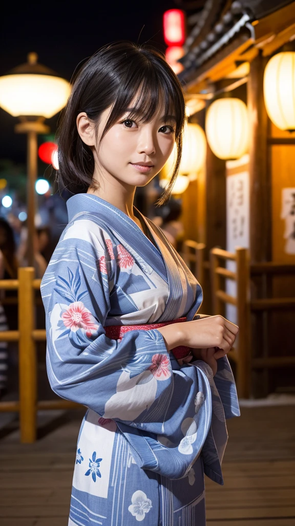 Create a highly realistic image of a woman wearing a traditional yukata. Her face is meticulously detailed with perfectly symmetrical features, soft yet mature facial contours, and large, expressive eyes. She has bangs that frame her face delicately, adding to her elegant and sophisticated appearance. The background is a vibrant night festival at a shrine, with glowing lanterns, lively stalls, and the festive atmosphere of the evening. The woman’s yukata is slightly disheveled, as if from moving around energetically at the festival, adding a touch of realism and spontaneity to the scene. The overall image should highlight the contrast between the woman’s refined beauty, the slight disarray of her yukata, and the lively, colorful background of the night festival.