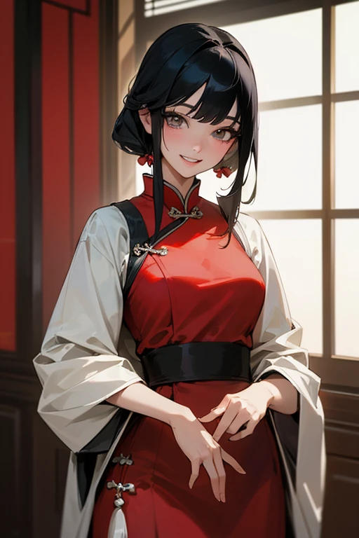 (Highest Resolution, clear_image) Highest quality, single, One woman, alone, masterpiece, Very detailed, Semi-realistic, Black Hairのショートヘア, Black Hair, bangs, 1, mature, Light blue , Indoor Background, kind, Authoritative, Powerful, exquisite features, exquisite features、Eyelashes become longer、Showing teeth、smile😀、Red Chinese Dress Maid、woman'Fingers in the、Long Hair、Fluttering in the wind、