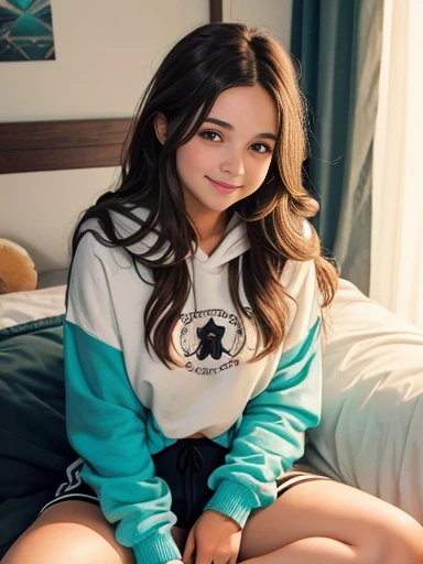 A very pretty white girl with long wavy brunette hair, is very young, early twenties, kinda short, brown eyes, wearing a loose turquoise hoodie and black shorts, sitting in a very comfy and decorated bed, looks very happy, red rosy cheeks, sitting cross-legged, small nose, large breasts, big butt, looks comfortable