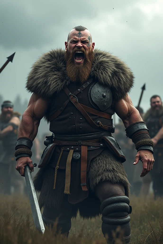  Realistic Viking warrior screaming with teeth bared with a Norse tattoo around his eye and with his eyes open 