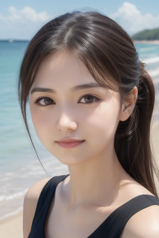 1girl, cute , dynamic pose,
(tareme, short eyes:1.5), (oval face, droopy eyes:1.4), brown eyes, eye highlights, light smile, close mouth,
Forehead, flat hair, straight hair, center-parted forehead, side swept to backward, low-ponytail, medium hair, black hair,
masterpiece, best quality, cowboy shot, camisole, beachside background,