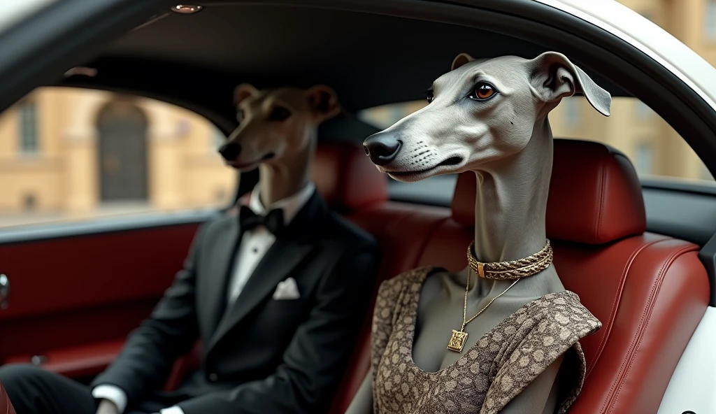 Very rich greyhound in elegant suit sitting in front seat of Rolls Royce car and next to him female greyhound wearing Gucci dress Realistic, Real, detalhe de alta resolução, full picture as Real