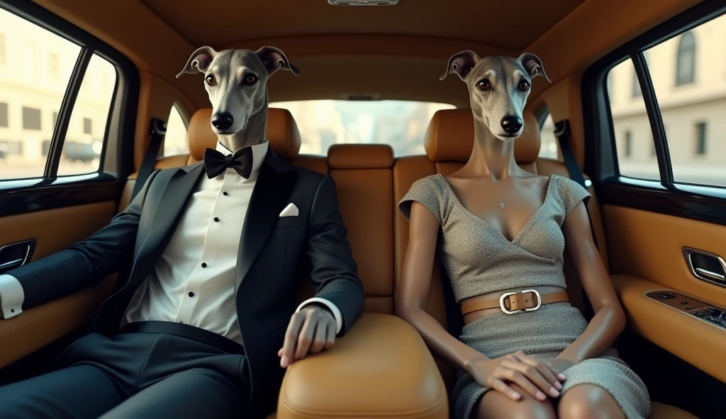 Very rich greyhound in elegant suit sitting in front seat of Rolls Royce car and next to him female greyhound wearing Gucci dress Realistic, Real, detalhe de alta resolução, full picture as Real