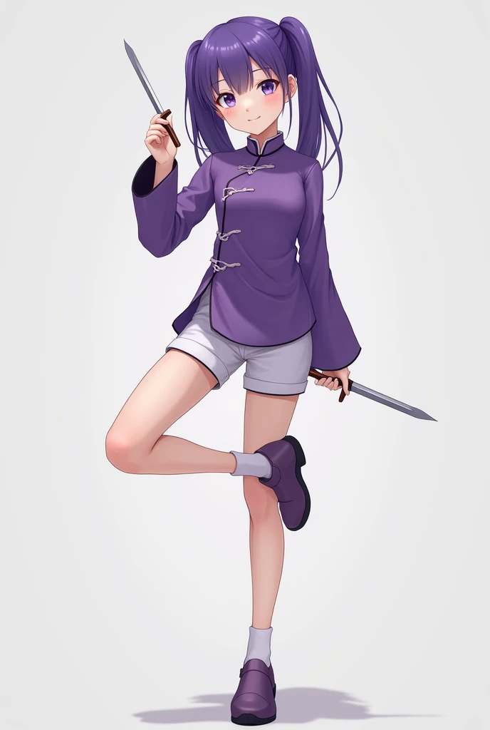 1 girl、solo、Staring at the audience、smile、Twin tails、Simple Background、Long sleeve、Holding a knife、Mouth closed、Are standing、Purple Hair、whole body、Chinese clothes、Raising his leg、Standing on one leg、Purple Chinese Dress、White shorts、Purple Shoes、No socks、Flat shoes,Acrobatics
