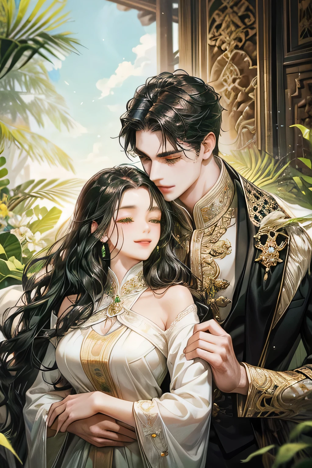 couple, javanese style, white black suit, smile and charming, quiet but gentle, light green eyes, royal forest garden, dark black wavy hair, flower bloom, kissing, under the sun, kebaya, indonesia temple, javanese style, (tall, smile looking at her with big body but masculine long face male, swept side dark black wavy hair), (smile and closing eyes black wavy hair female), masterpiece, detailed body, accurate