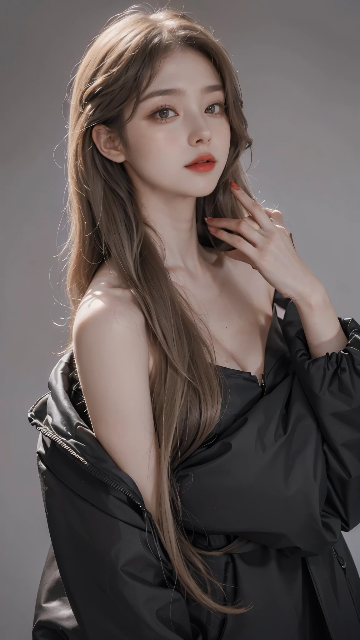 Girl wearing, luxury black coat, shoulder length hair, wavy hair, glowing skin, star in eye, red lips, grey background, cute poses , upper body, light blonde hair.