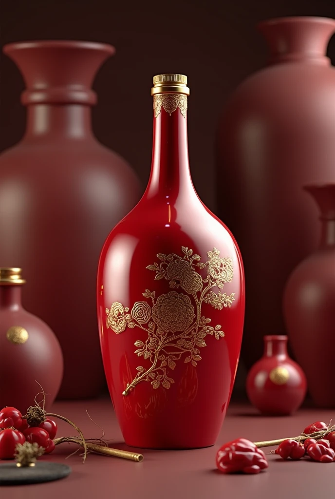 A wine bottle,Chinese Wine Pot,Traditional wine jugs have rounded edges.,Geometric Flow Art,Round bottle,Trendy bottle design,The surface is a streamlined ceramic design,Gradient light red ceramic material,There is a golden Chinese medicine pattern,Trendy bottle design,High-end,Gao Yade,Streamlined texture,Metal bottle caps,golden bottle cap,high quality,surreal style