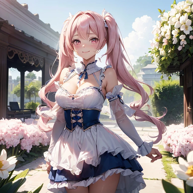 (8K, masutepiece, Highest Quality, Best Quality, Official art, Breathtaking beauty and aesthetics, A highly detailed, The best masterpiece in history that exceeds limits, Breathtaking and beautiful lighting:1.2), (1 Absolute Beautiful Girl, Solo:1.3), sixteen years old, (shiny white skin), (pink twin tail hair, Bangs:1.5), (adolable big pink eyes, drooing eyes:1.5), (Breathtaking Beautiful baiana dress, ruffled dress, blue lace trim, Cutwork, blue frilled neckline, flared skirt, blue and white dress, layered dress, puffed_sleeves), (bust:1.2), (happy smile, Beautiful smile, Gentle smile, cute smile, innocent smile like an angel:1.2), (Attractive, amazing, Beautiful, Elegant, Luxurious, magnifica, Eye-catching, the ultimate beauty, Supreme Beauty, Superlative beauty, Elegant, Beauty, Graceful, Everyone loves it, Beauty that fascinates everyone, Healed, The highest level of complete beauty, cute like an idol, Stylish like a fashion model, Goddess-like grace, Be loved, cute little, adolable, Look at the camera, cute little pose, Happy), breathtaking scenery, (standing, Breathtakingly beautiful Luxurious spring garden, blue sky:1.5),