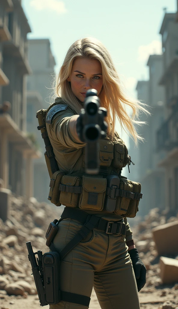 A 20 year old blonde woman in combat clothing。Against the backdrop of a devastated city、A frontal shot of a woman with her hair flying and pointing a gun at the viewer。