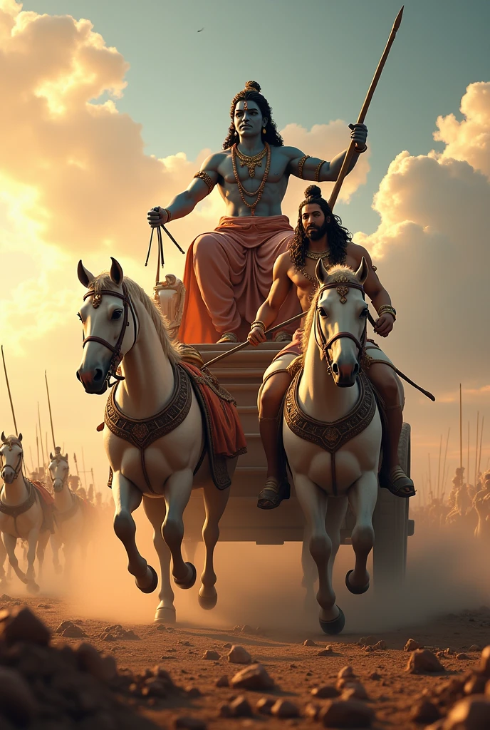 Create an image of lord krishna riding on their cart with Arjun in kurukshetra
