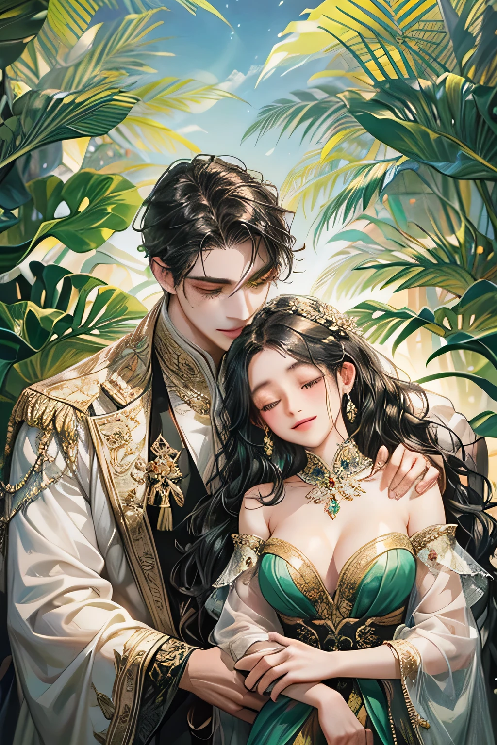 couple, javanese style, white black suit, smile and charming, quiet but gentle, light green eyes, royal forest garden, dark black wavy hair, flower bloom, kissing, under the sun, kebaya, indonesia temple, javanese style, (tall, smile looking at her with big body but masculine long face male, swept side dark black wavy hair), (smile and closing eyes black wavy hair female), masterpiece, detailed body, accurate