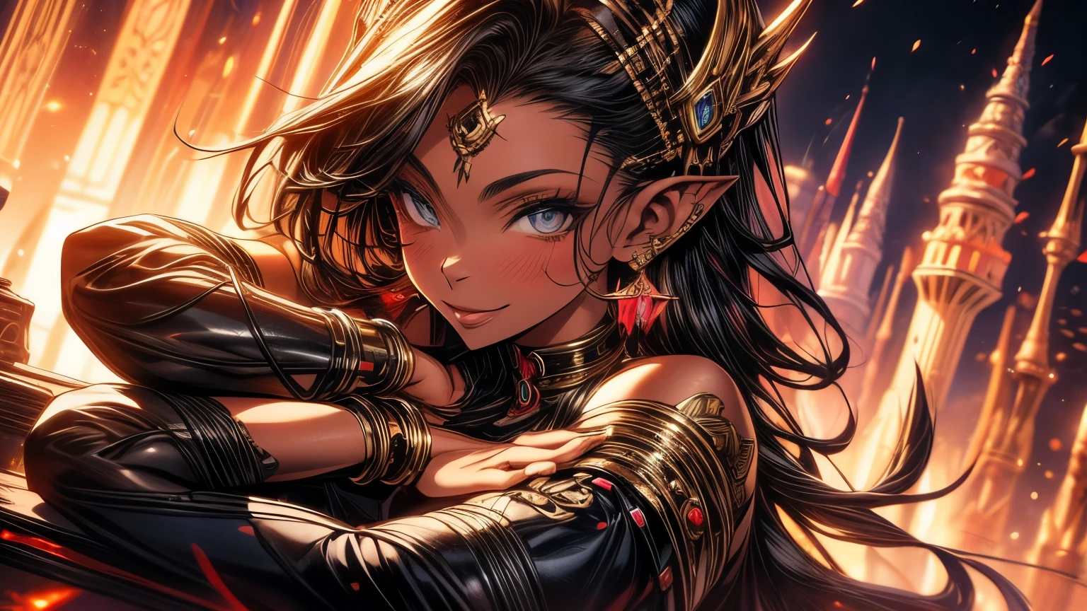 A hyper-maximalist fantasy scene featuring an intricately detailed elven girl with wide curves and a stunningly detailed face, set against a vibrant, magical background, in a digital painting style reminiscent of Artgerm, Paul Lewin, and Kehinde Wiley.