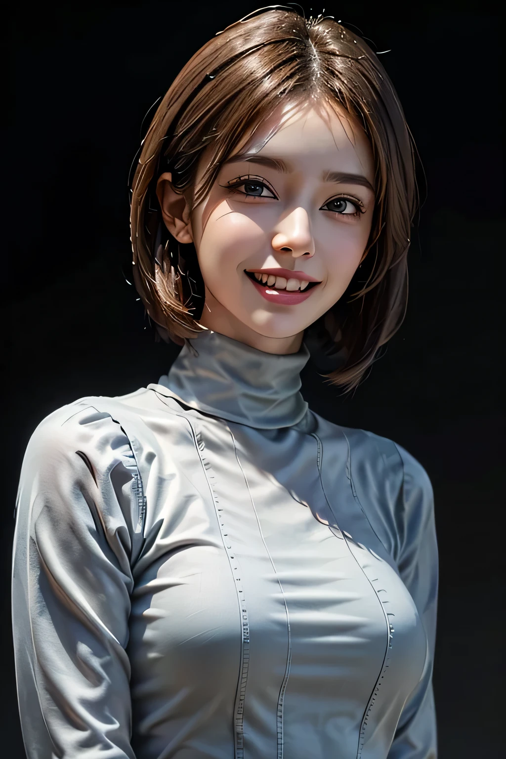 ((masterpiece)), ((Highest quality)), ((Complex)), ((Surreal)), (Realistic), (Mature Woman), ((No classes)), Very detailed, (1 female), Beautiful and exquisite, (Beautiful Teeth), Grin, Brunette bob hair, Brown eyes, ((Blue turtleneck)), (Upper Body), (background:none), Perfect Eyes, Captivating eyes, Looking at the audience