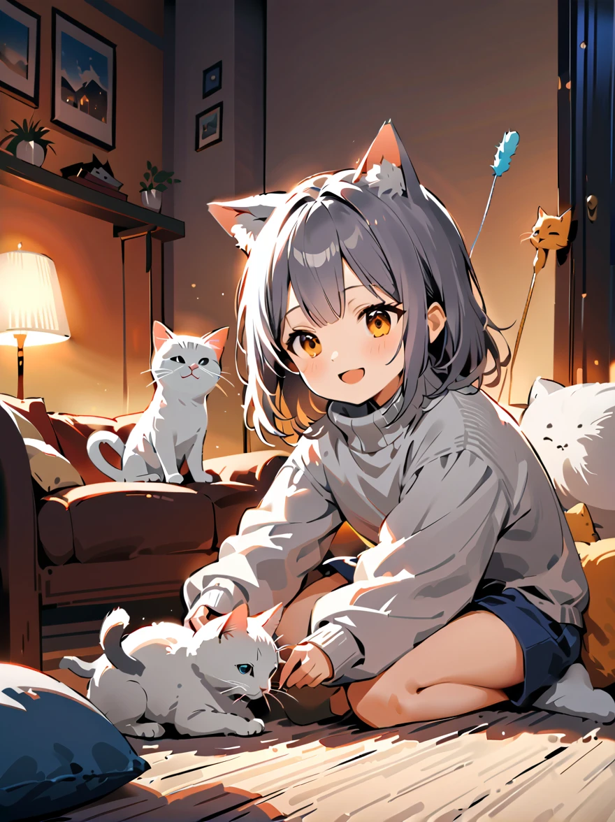 A cozy scene of a girl in a warm, inviting living room, using a toy stick to play with a small, playful kitten. She’s wearing a comfortable turtleneck sweater, her expression is full of joy and warmth as she smiles and laughs, enjoying this happy moment. The living room is softly lit, with plush furniture and soft textures, creating a relaxed and homely atmosphere. The kitten is actively engaging with the toy, adding to the playful energy of the scene. The overall mood is one of contentment and simple, heartwarming pleasure., Wlop:1.3, cat teaser, cat wand.