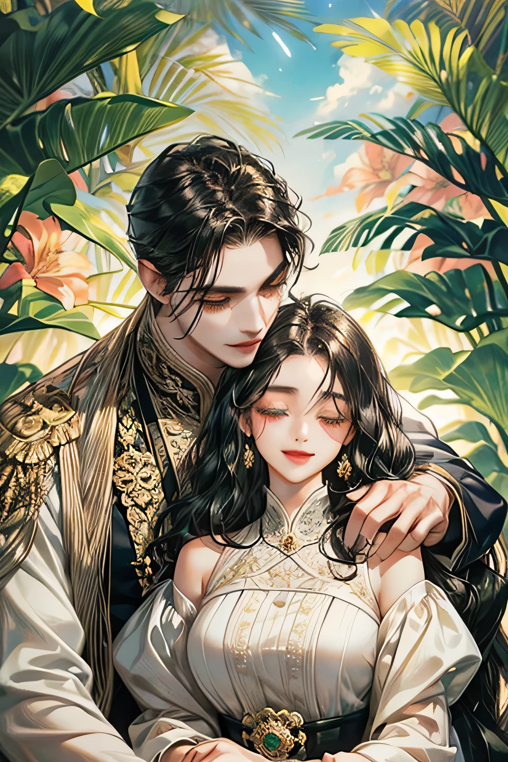 couple, javanese style, white black suit, smile and charming, quiet but gentle, light green eyes, royal forest garden, dark black wavy hair, flower bloom, kissing, under the sun, kebaya, indonesia temple, javanese style, (tall, smile looking at her with big body but masculine long face male, swept side dark black wavy hair), (smile and closing eyes black wavy hair female), masterpiece, detailed body, accurate