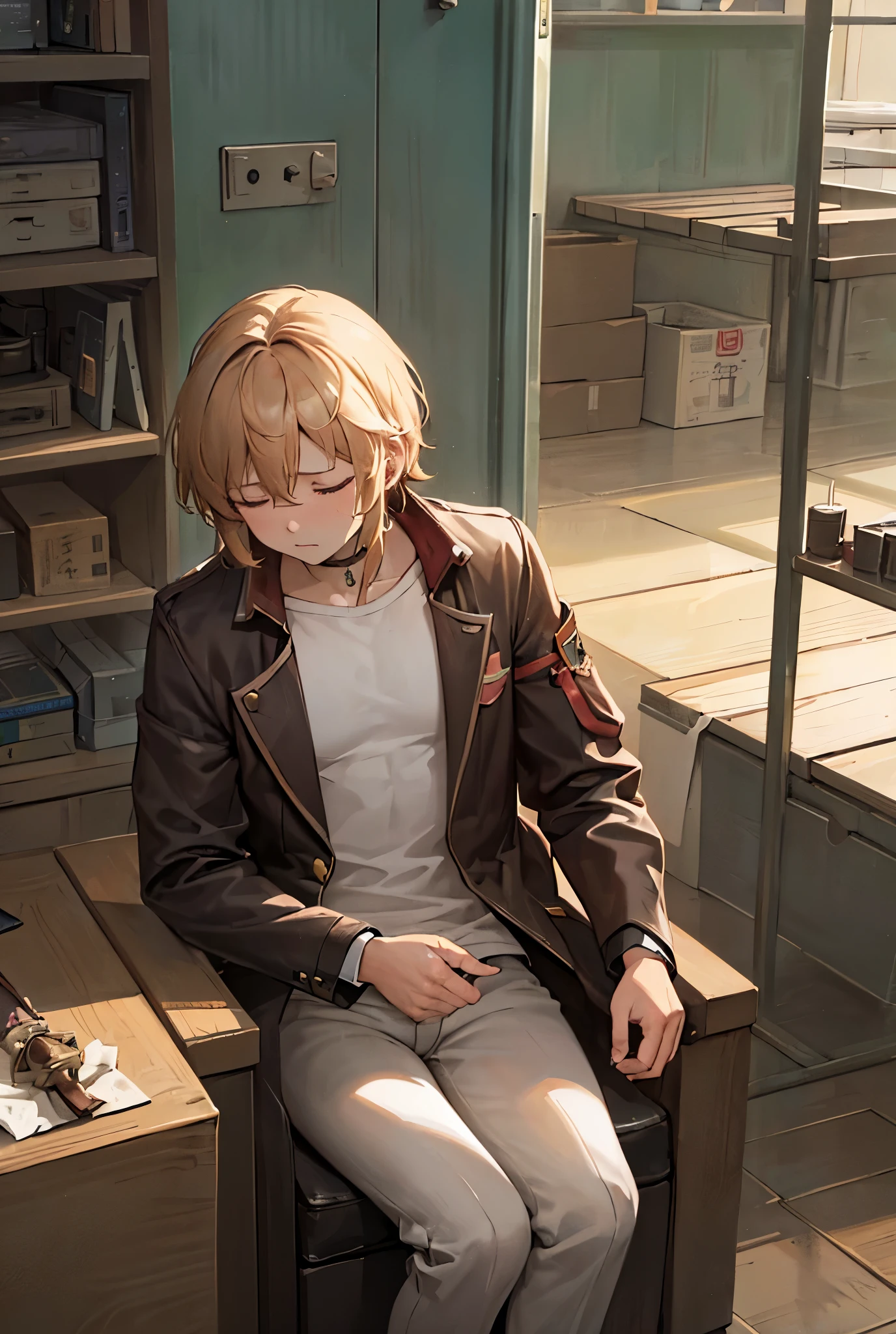 a muscular man with short brown wavy hair, closed eyes and parted lips, masterpiece, precise, best quality, detailed, HD model, high details, quality, high quality, very detailed, UHD, textured skin, hair framing the face, gradient hair, closed mouth, closed eyes, sleepy, sad, covering eyes, unconscious, solitary, shaded, empty eyes, inexpressive, side view, symmetry, bandage, scarred eye, glowing light, animated, digital art, Ghibli color style, hyper detailed, icon art style, mosaic art, renaissance, soft lighting, slim body with defined muscles, unbuttoned and open shirt, black sweatpants