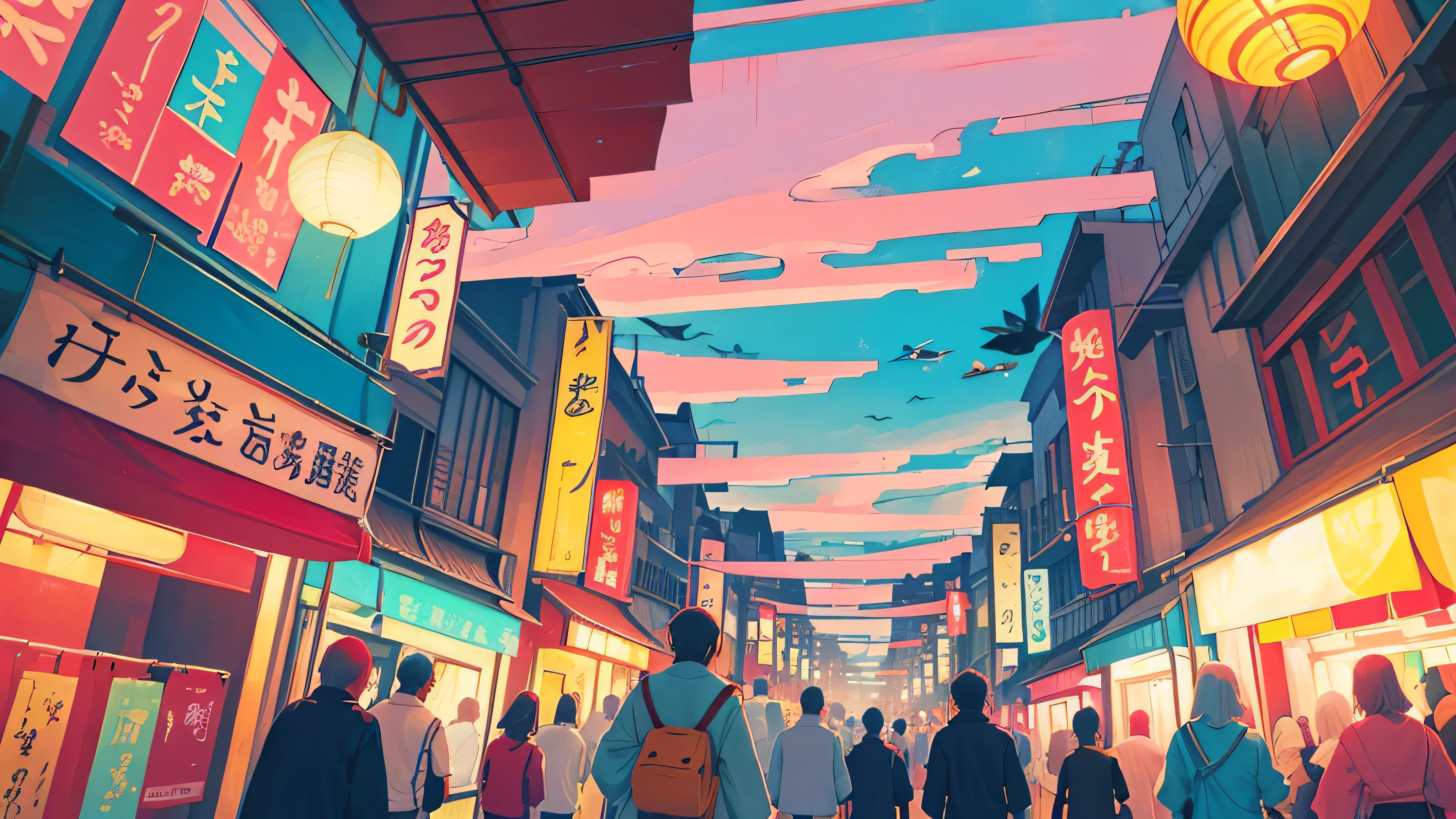 Japanese street, colorful, carteleria, business, crowded, dirty, messy, very detailed, dream atmosphere, clouds, flying fish, birds, psychedelic, pastel colours, Beautiful, illuminated, Traditional clothes, festival, anime style