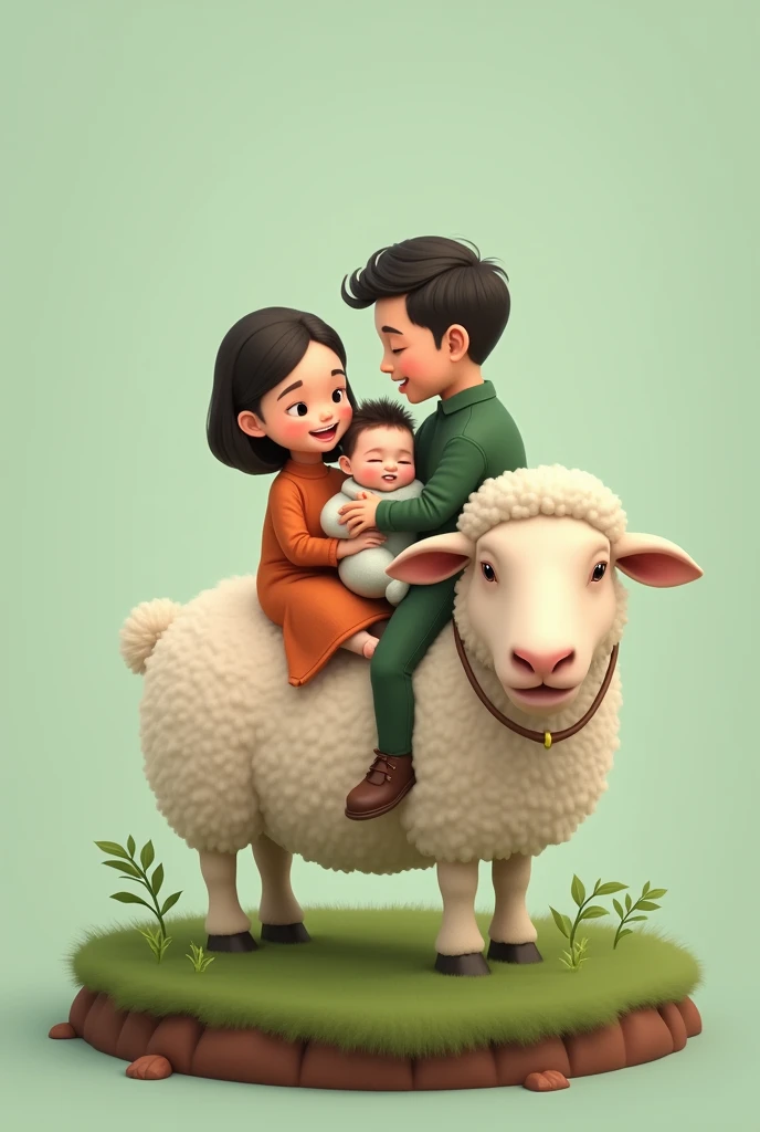 Parents and baby riding a sheep. With an aqiqah nuance. Shades of green. transparent background. The sheep is standing on a circle of grass and there is soil underneath it.. Photo of parents and baby Indonesian race. Image similar to the original