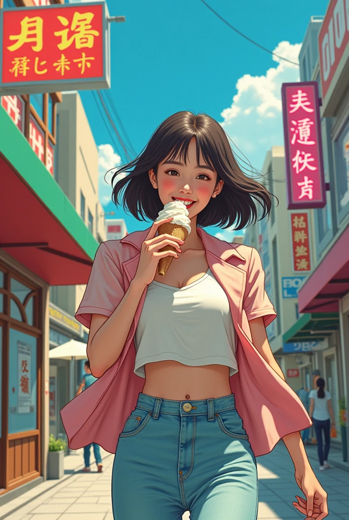 80&#39;s、Japan background、smile、10th Generation、Beauty、Walking around eating ice cream、
