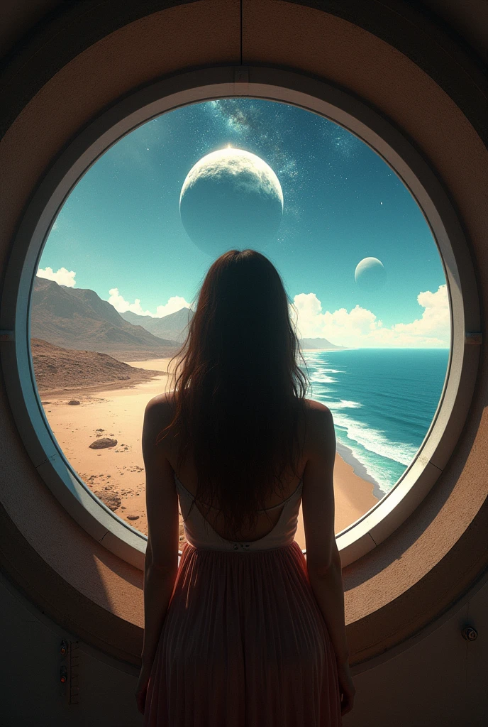 Cinematic 64 k portrait image, A girl in front of the window - from an alien space ship - she sees an ocean scene with an alien planet circling over a deserted area, in the style of vray tracing, golden light, carl zeiss distagon t* 15mm f/2.8 ze, plein air landscapes, cold and detached atmosphere, lively landscapes, landscape painting --ar 16:9 --s 150 --c 10 --v 5.2 --q 2, high octane render, high resolution , A cosmic digital artwork depicting blending with the galaxy's arms against a starry, dark void background, brown long hair, front view