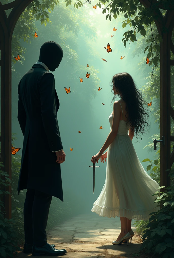Create an image with two boys inside a butterfly house. The boy has a black suit, He has his face covered and is holding the door. The girl is wearing a white nightgown and butterflies are flying around her both. more realistic. The boy and the girl are adults and they are facing each other but they are separated and the boy is wearing a black suit covered from head to toe. More separated. The girl has a dagger in her hand. El chico es blanco y tiene tapada la cara More separated la chica con el cabello suelto. Let the girl grab the dagger. More separated. MORE BUTTERFLIES