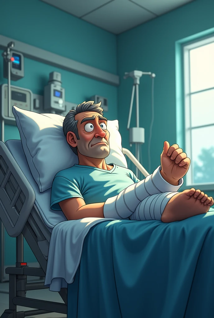 Juan, with a broken leg (hostile) is in a hospital create image animated image with this seed number 679779059
