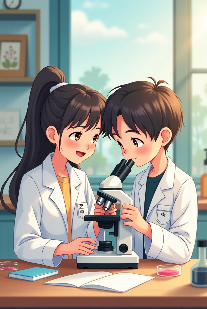 Give me a picture of a boy helping a girl using their microscope and wearing their lab coat cute picture  highschool students  make it look like s make the hair of a boy like korean hair 2 by 2 they look like kids make it kinda older